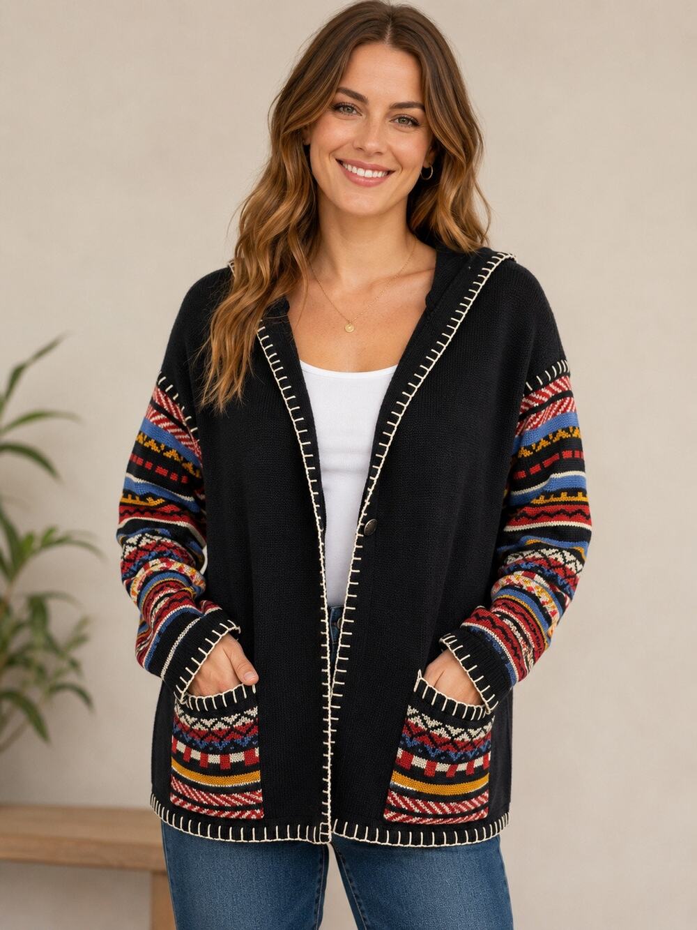 Lizsport Women’s Medium Hooded Cardigan Sweater Fair Isle Nordic Black